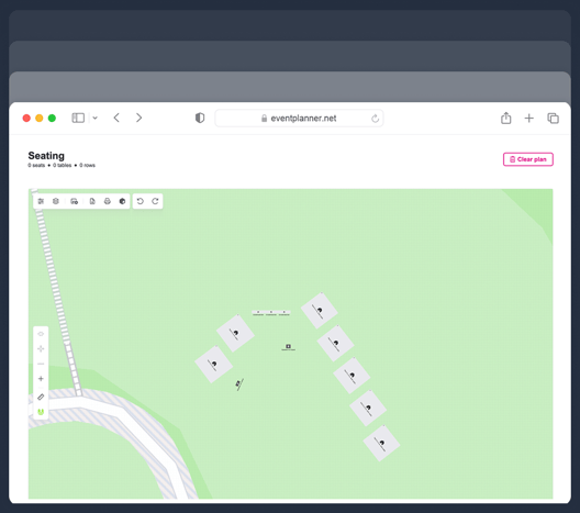 A festival site drawn to scale on a map in the eventplanner.net floor plan designer, with tents, crowd barriers and a speaker.