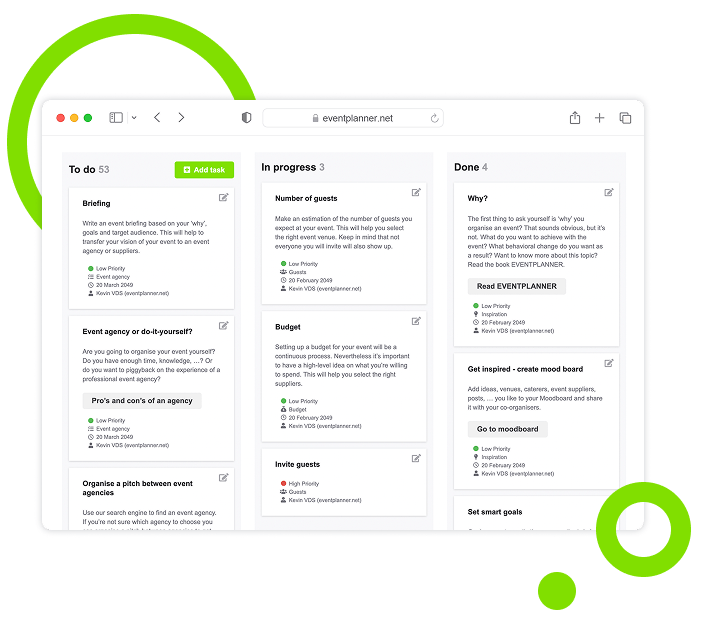 Interactive event checklist dashboard showing task management interface with role assignments and timeline view.