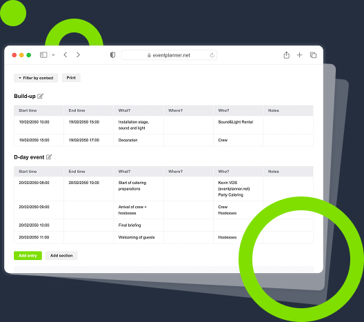Screenshot of an event rundown created with the eventplanner.net event software.