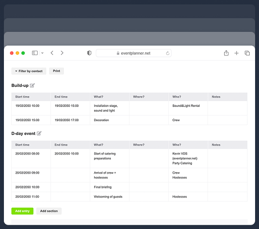 Screenshot of event management call sheet