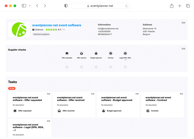 Suppliers interface showing the dashboard to manage an event supplier or venue.