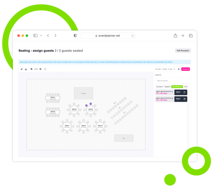 Screenshot of the eventplanner.net event diagramming canvas with a venue floor plan drawn to scale.