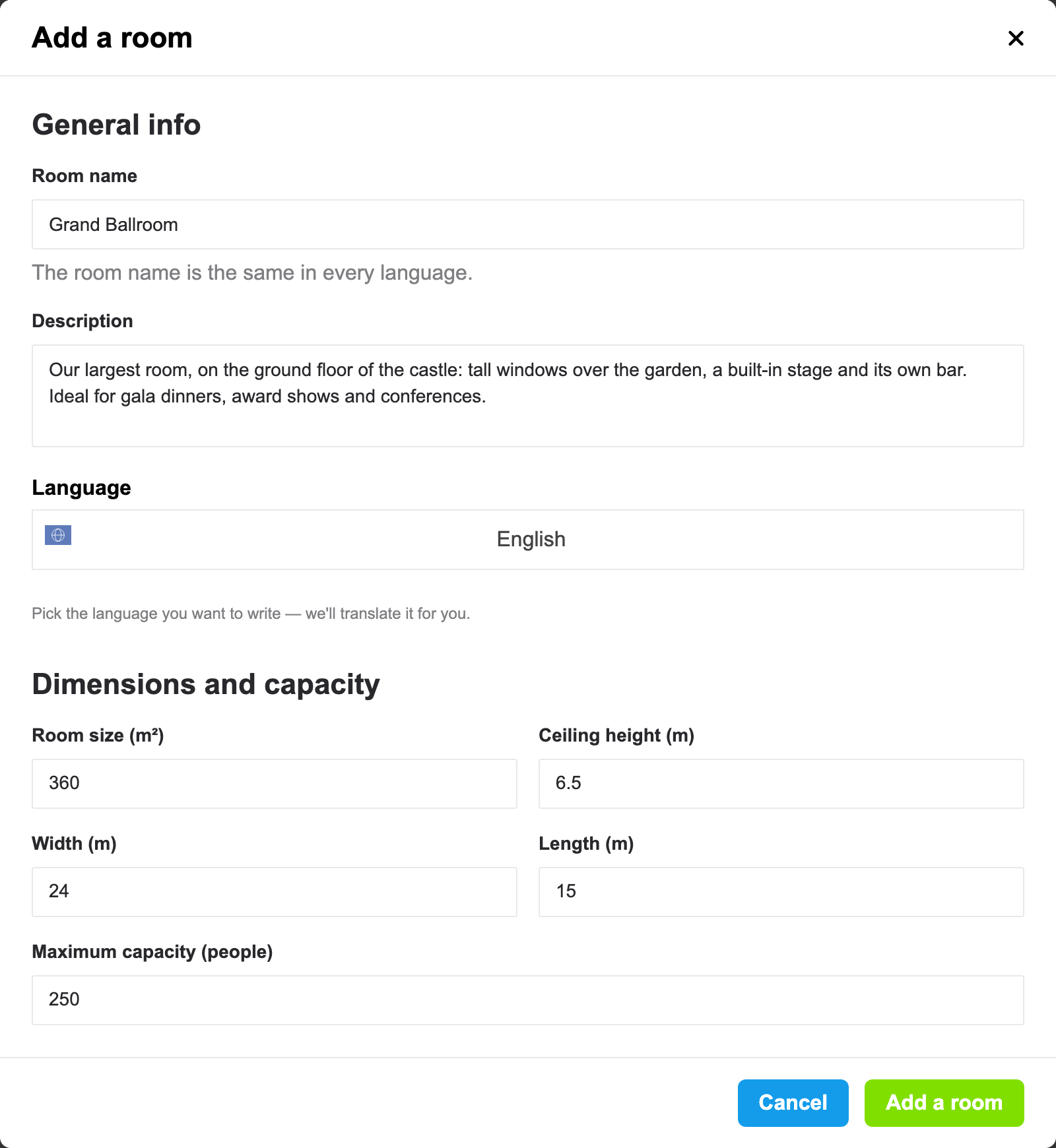 Adding a room: the name, the description, the size and the capacity