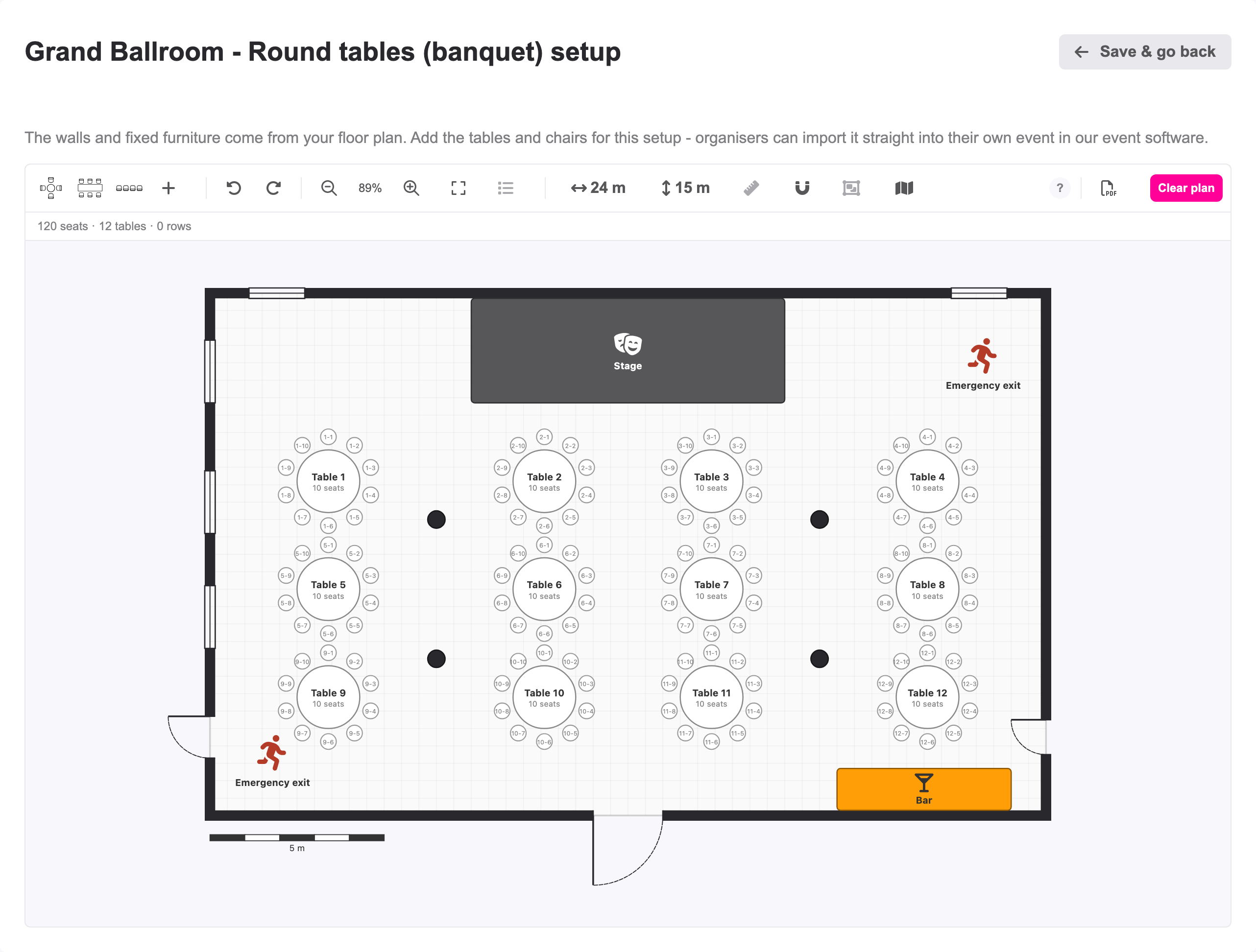 The round tables setup: the tables drawn on top of the floor plan
