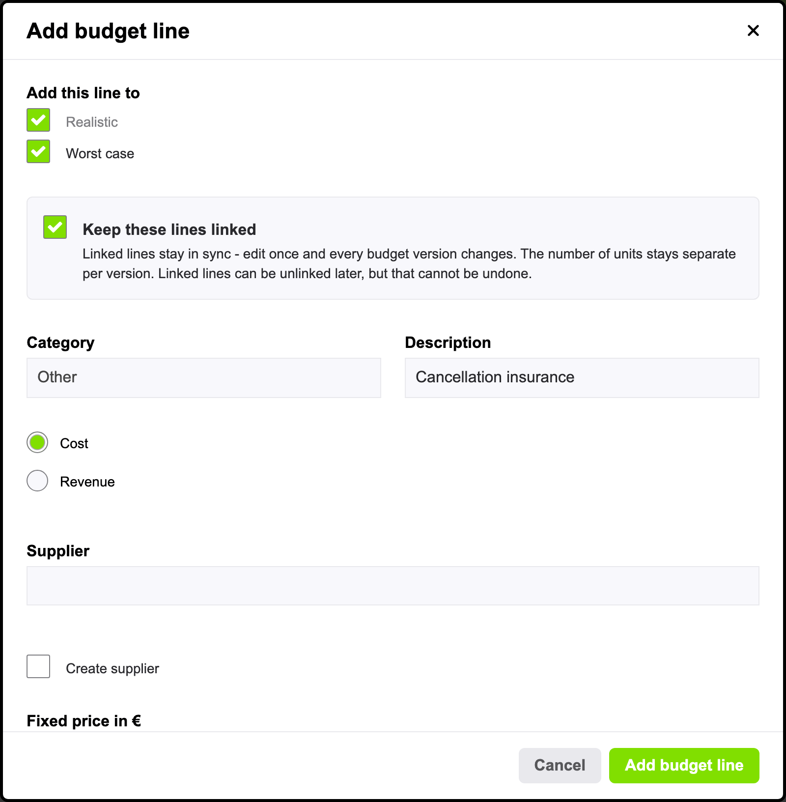 Adding one line to two budget versions
