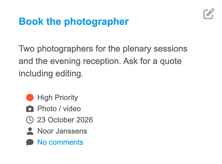 A task card with its priority, category, date and assignee