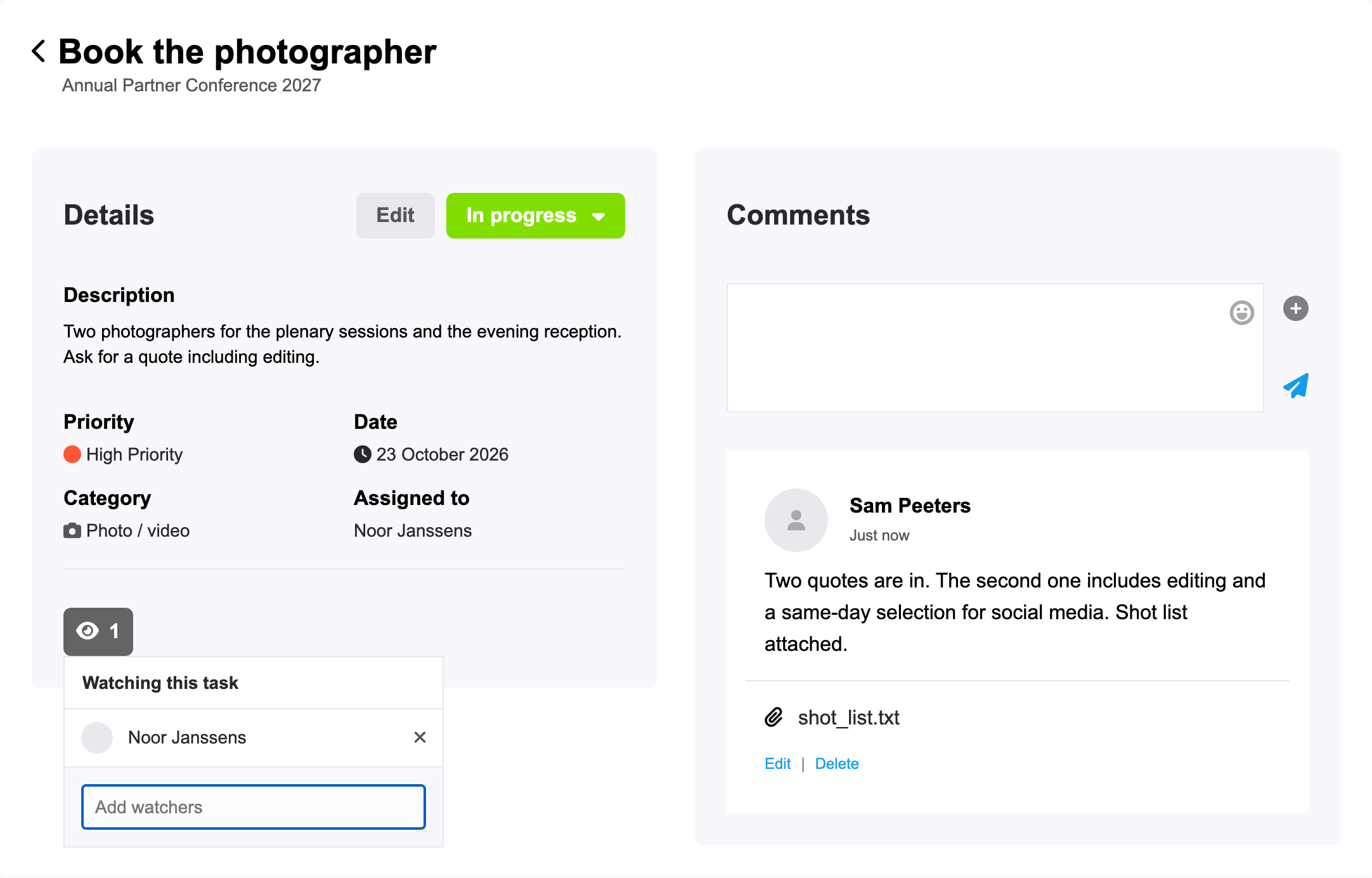 The page of a task, with its details and comments