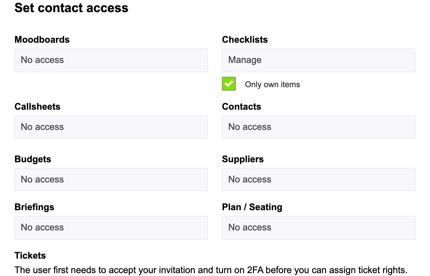 Setting the checklist access of a contact