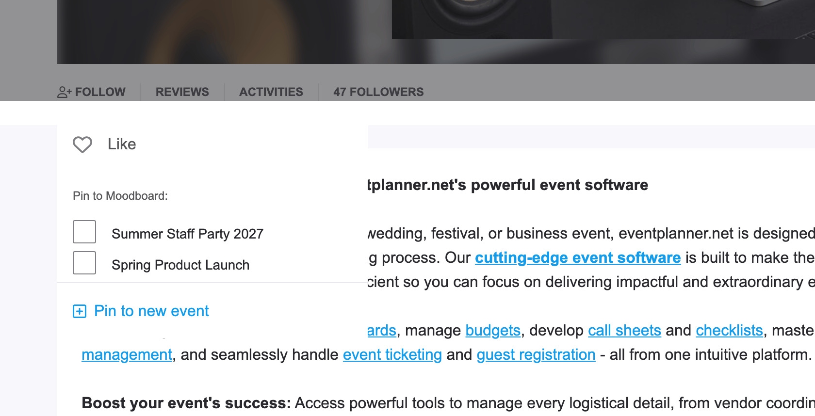 Pinning a business page to the moodboard of an event