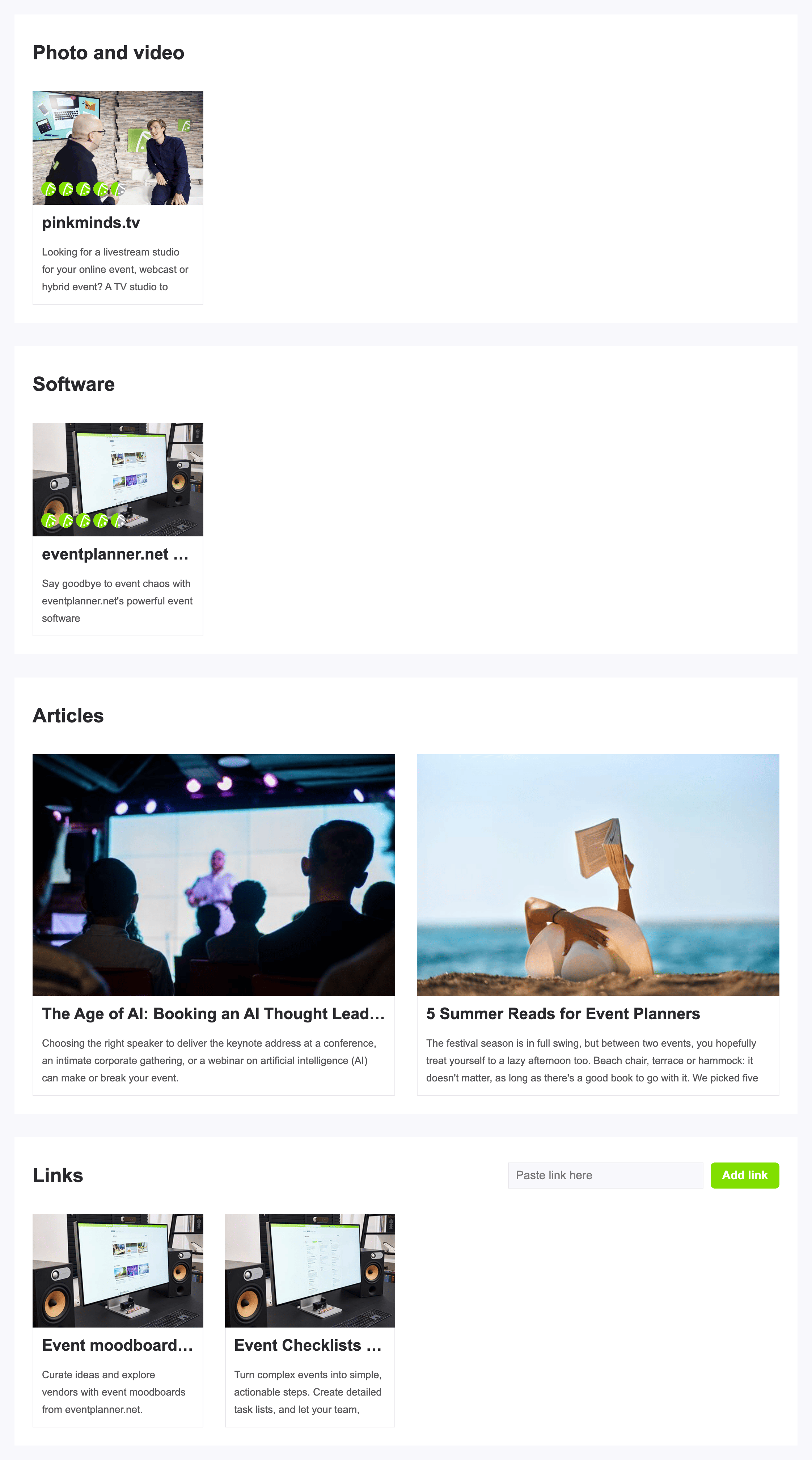 A moodboard with businesses grouped by category, articles and links