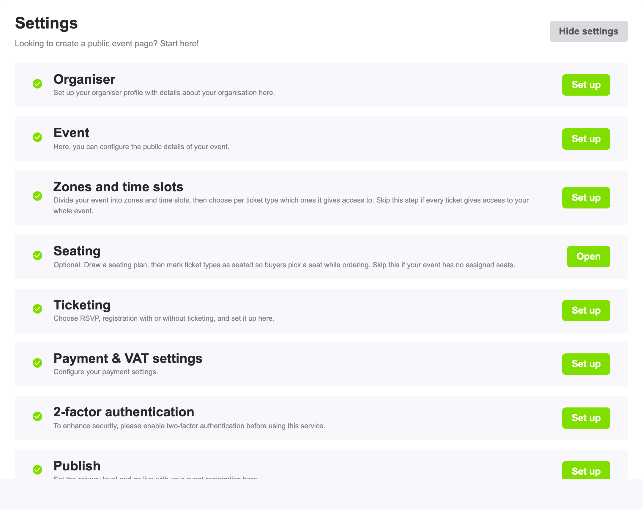 The settings board with all setup steps