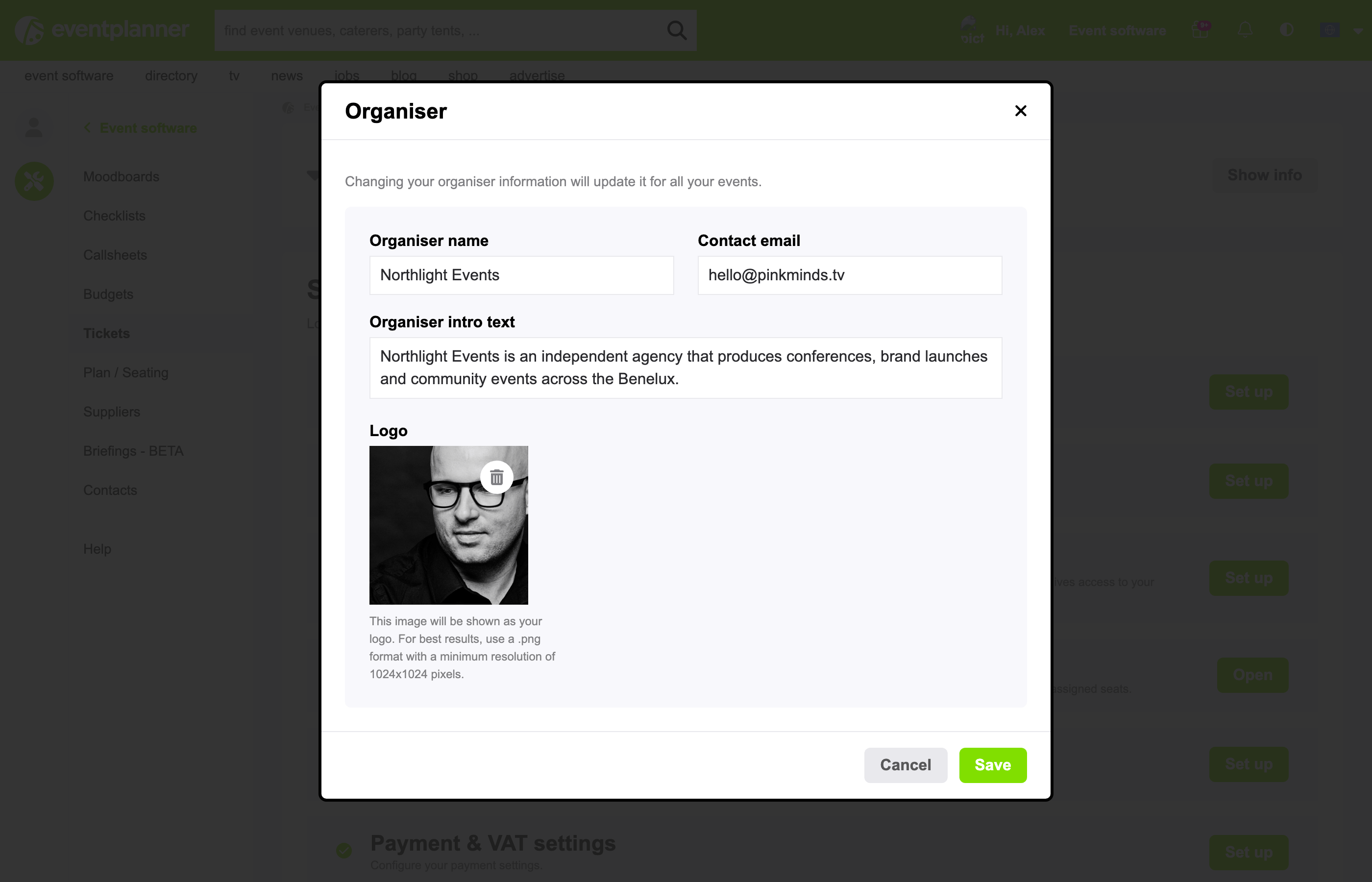 The organiser profile settings