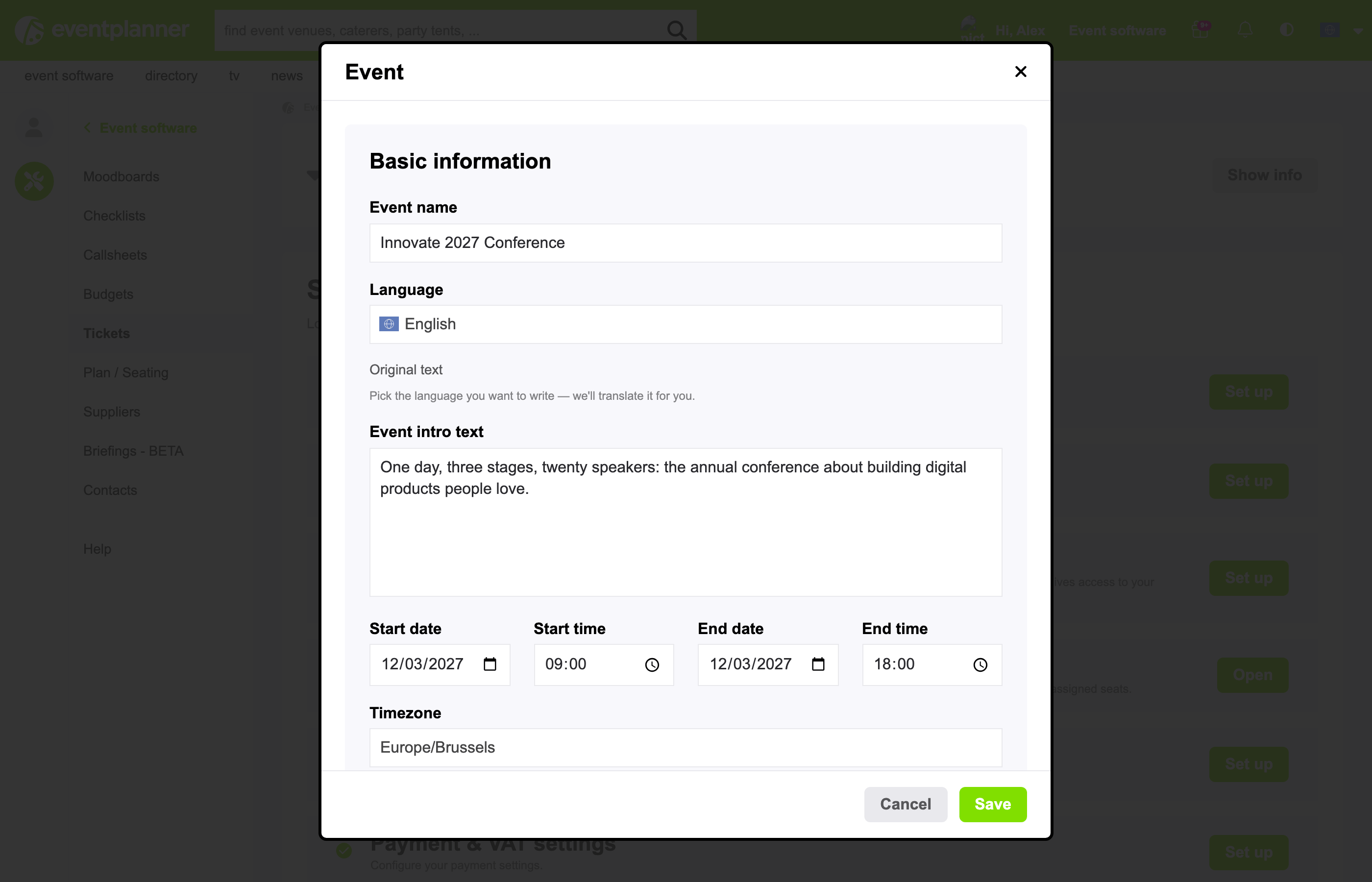 The event settings