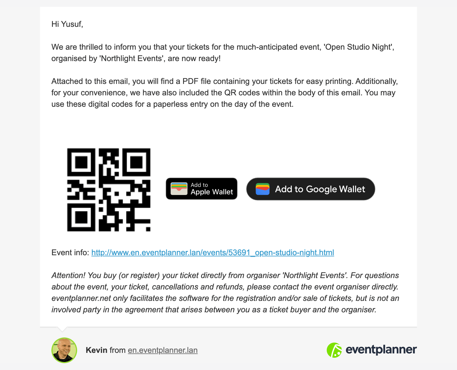 The confirmation e-mail with tickets