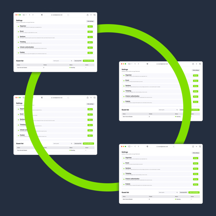 Multiple small screenshots of the eventplanner.net event software.